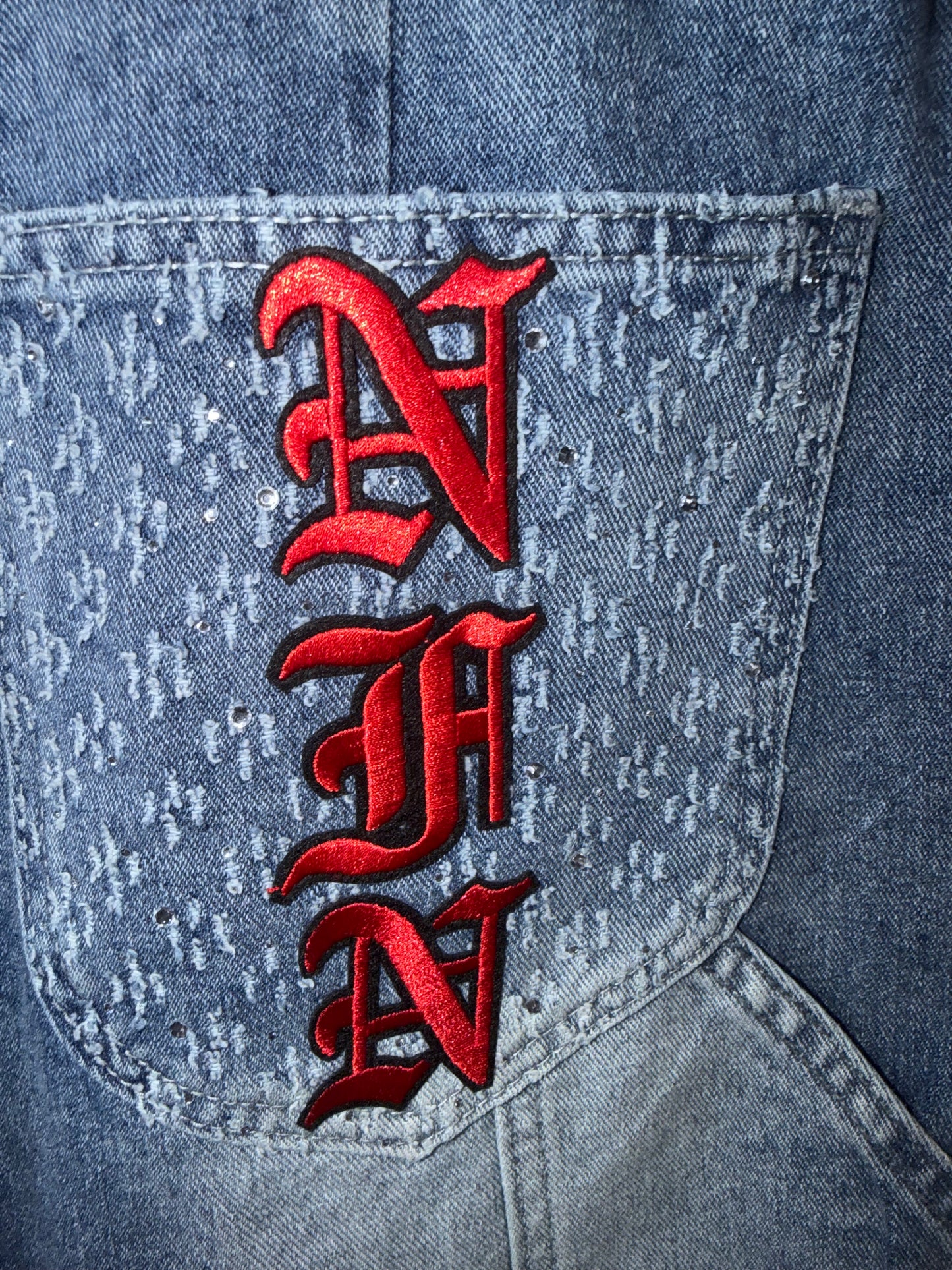 Embroidered/Rhinestoned Denim Carpenter Shorts - SIZE 32