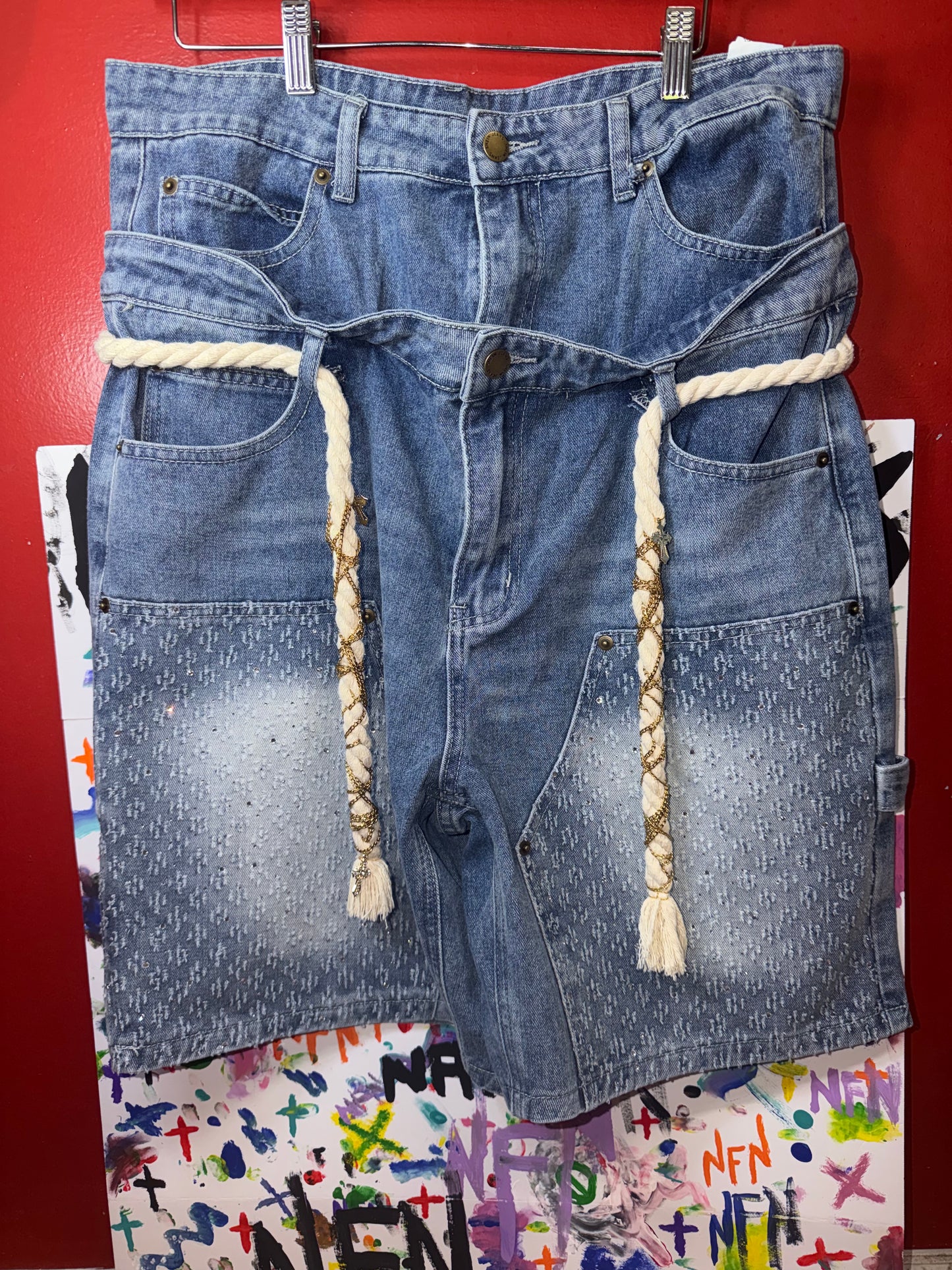 Embroidered/Rhinestoned Denim Carpenter Shorts - SIZE 32