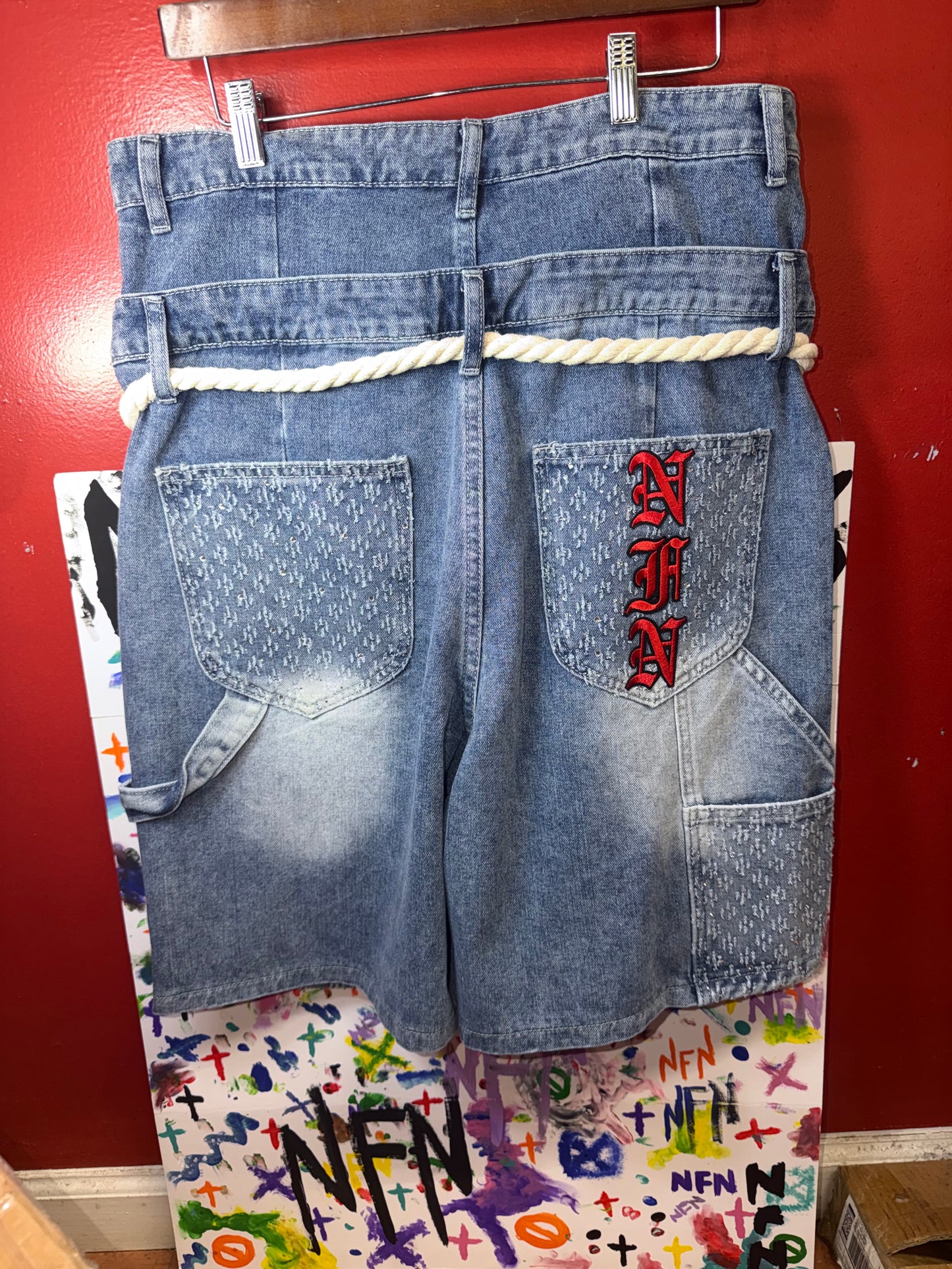 Embroidered/Rhinestoned Denim Carpenter Shorts - SIZE 32